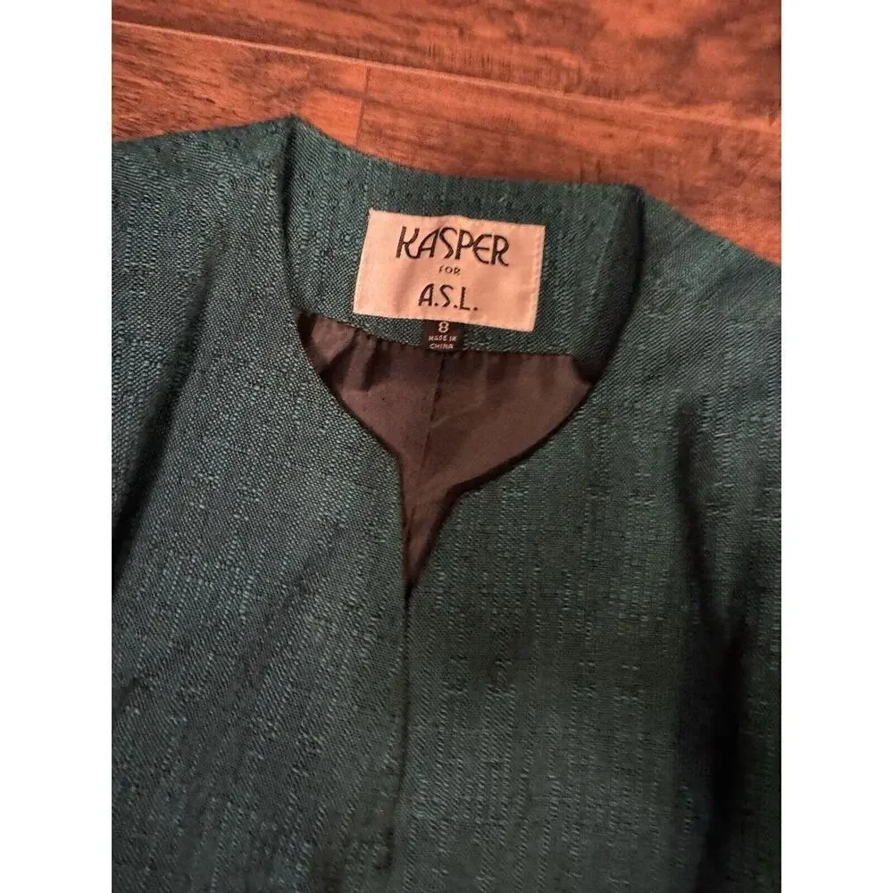 Vintage Kasper ASL Green 2 Piece Short Sleeve Jacket Skirt Suit Set Size 8